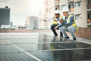 Image showing Solar panels, teamwork and people with tablet for construction, maintenance and planning inspection. Sustainability, renewable energy and electricians with digital tech for photovoltaic electricity