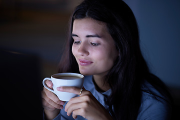 Image showing Night, coffee and business woman in office for planning, overtime and designer deadline. Happy, smile and tea with employee workaholic for networking, innovation and development in corporate company