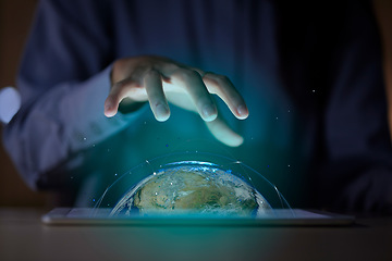 Image showing Hands, earth and 3d tablet world, cyber planet or augmented reality. Globe, technology and business woman with hologram of future sphere for eco friendly, globalization and sustainability in office.
