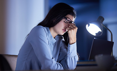 Image showing Business woman at desk, headache and stress with burnout, corporate fatigue and laptop glitch. Work night, overtime and deadline problem, 404 and glasses with vision fail, overworked and frustrated