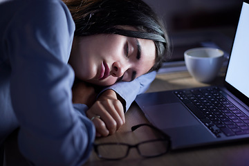 Image showing Sleep, tired and business woman in office resting after working late on laptop at night. Sleeping, relax and female employee with fatigue, burnout or exhausted, overworked and nap, asleep or sleepy.