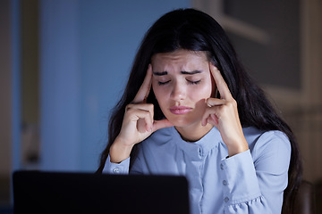 Image showing Business woman, stress and headache with burnout, corporate fatigue and laptop glitch with mental health. Working night, overtime and deadline problem, 404 and depression, overworked and frustrated