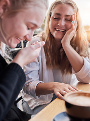 Image showing Coffee shop, funny couple of friends on social date or conversation in morning for gen z lifestyle. Young people or women laugh, talking together with latte cup in cafe or restaurant on student break