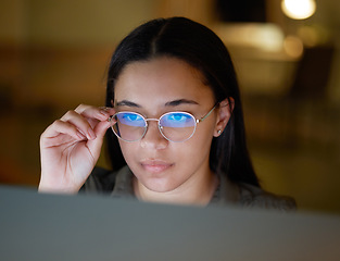 Image showing Computer, thinking and black woman working at night on web search and blog project. Digital website journalist, glasses and planing online writer doing research for creative writing for tech article