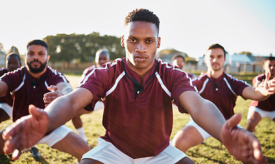 Image showing Sports, men and portrait of a rugby team on a field for stretching, training and fitness exercise. Athlete group people train for teamwork, competition game and diversity with workout and performance