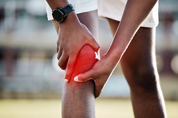 Image showing Injury, inflammation and man with knee pain from sports, fitness accident and injured muscle. Symptom, emergency and athlete holding his leg after a sprain, swollen joint and workout strain on body