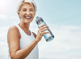Image showing Senior woman, fitness and water bottle with smile for hydration or thirst after workout, exercise or training in nature. Portrait of happy elderly female smiling for natural refreshment on mockup