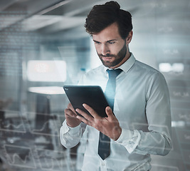 Image showing Digital, tablet data overlay and database of business man with fintech graphic in office. Futuristic, serious worker and stock market growth hologram with businessman working on future investment