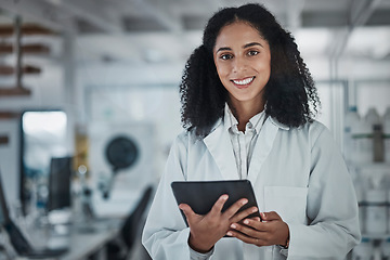 Image showing Science, research and portrait of black woman with tablet and smile in laboratory, internet and medical data search online. Healthcare, pharmaceutical innovation and happy scientist with technology