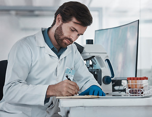 Image showing Science, man and writing notes in laboratory for research analysis, biotechnology test or review results. Data report, scientist and paperwork planning of solution, investigation and innovation ideas