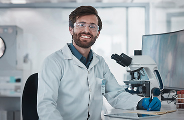 Image showing Scientist, portrait and man with science and research in lab for medical innovation or biotechnology with chemistry. Scientific study, doctor writing notes and test in laboratory, future with DNA