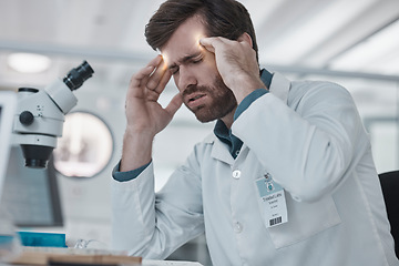 Image showing Stress, man or scientist with headache in a laboratory suffering from burnout, migraine pain or overworked. Exhausted, frustrated or tired doctor working on medical science research with fatigue