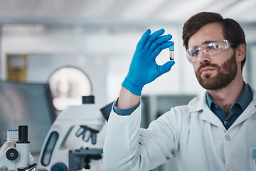 Image showing Science, blood and dna with a doctor man at work in a laboratory for analysis or research. Medical, innovation and sample with a male scientist working in a lab for development or breakthrough