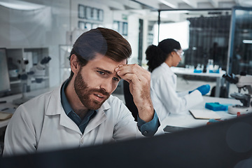 Image showing Stress, tired or scientist with headache or burnout in a laboratory suffering from migraine pain or overworked. Exhausted, frustrated or sick man working on science research with fatigue or tension