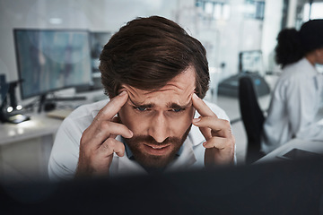 Image showing Stress, research or scientist with headache or burnout in a laboratory suffering from migraine pain or overworked. Exhausted, sick or tired man working on science data frustrated with fatigue problem