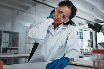 Image showing Stress, woman or scientist with neck pain in a laboratory suffering from burnout, body ache or overworked. Exhausted, injury or tired doctor working on science research with fatigue or tension