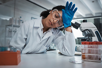 Image showing Tired woman, doctor and scientist sleeping with headache at night suffering from burnout or overworked at lab. Exhausted female in science research, stress or asleep while working late in laboratory