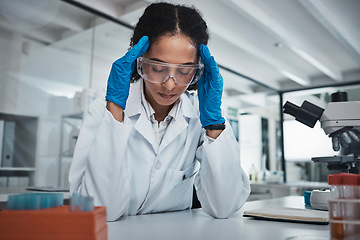 Image showing Stress, woman or scientist with headache in a laboratory suffering from burnout, migraine pain or overworked. Exhausted, frustrated or tired worker working on science research with fatigue or tension