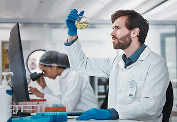 Image showing Science, man or scientist in laboratory with chemical liquid after chemistry research or scientific testing. Physics analysis, healthcare or medical doctor with acid solution for medicine development