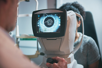 Image showing Ophthalmology, eye scan and woman with a doctor for a consultation, vision test and lens check. Surgery, medicine and image of eyes of a girl on a machine screen for optic testing and problem