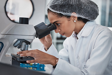 Image showing Scientist, black woman and microscope, analysis of data and science innovation, microbiology or biotechnology in lab. Work, scientific study and researcher, doctor and test with medical research