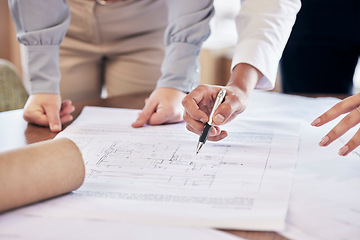 Image showing Team work, hands or architect drawing a blueprint or planning a real estate building or development in an office. Civil engineering, zoom or designers with vision of renovation or project management