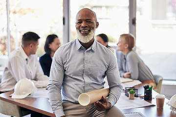 Image showing Black man, architect and portrait smile with blueprint in team planning for construction or building at office. African senior leader CEO contractor or engineer with floor plan in architecture