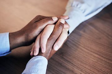 Image showing Holding hands, support and couple of friends community and solidarity together. Love, partnership and gratitude of people with faith, hope and hand gesture for cancer sympathy, kindness and bad news