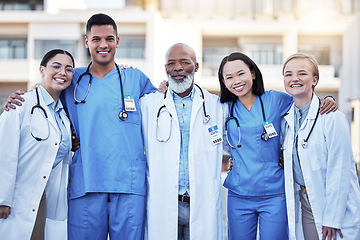 Image showing Portrait, healthcare and doctors with nurses in medicine standing outside a hospital as a team you can trust. Medical students, collaboration or people diversity with professional group in solidarity