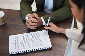 Image showing Legal, signature and contract with hands of people planning on documents for partnership, b2b and agreement. Lawyer, financial advisor and consulting with man and woman for writing, deal and review