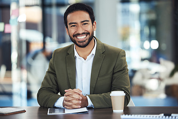 Image showing Planning, office portrait and happy man with company mission, goals and startup management strategy. Professional employee, business or corporate person with ideas, vision for success and leadership