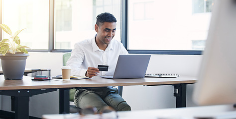 Image showing Computer payment, credit card and business man smile doing corporate banking budget work. Office, savings information and loan of a insurance agent employee working with company finance investing