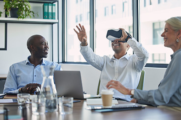 Image showing Virtual reality, people meeting and futuristic developer test, future technology review and metaverse experience. VR glasses of digital team, employees or business group for cyber app development