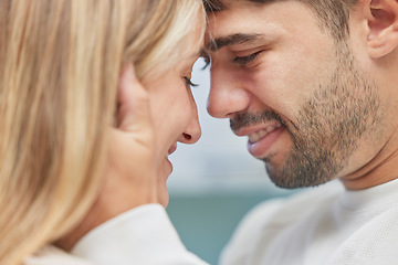 Image showing Couple, faces and love of young people together with happiness showing care and support. Trust, face holding and man with woman feeling happy with romance and a smile loving close relationship