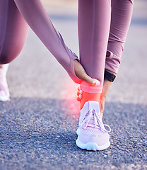 Image showing Ankle hands, pain and fitness injury on road or street outdoors after accident. Sports, training athlete and black woman with leg inflammation, fibromyalgia or broken bones after exercise or workout.