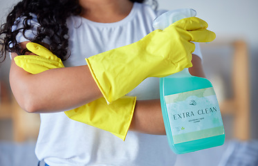 Image showing Hands, latex gloves and detergent for housekeeping, cleaning or disinfection safety from bacteria at home. Hand of cleaner in healthy hygiene, protection or service for sanitize or germ removal