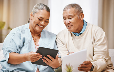 Image showing Finance, tablet and senior couple with documents for taxes, mortgage payment and savings. Retirement home, online banking and elderly people with application form for loan, investment and pension