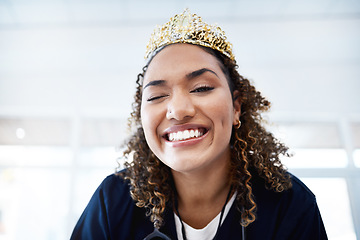 Image showing Portrait, crown and wink with a nurse in a hospital for healthcare having fun or feeling playful. Medical, winner and comic with a female internship student winking in a clinic for promotion