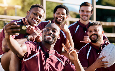 Image showing Selfie, rugby team and men with phone smile ready for exercise, sports training and workout on field. Fitness, teamwork and athletes take picture on smartphone for post before match, game or practice