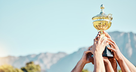 Image showing Sports, win and hands of a team with a trophy for an achievement, goal and success together. Gold, winner and people holding an awards cup after winning a sport competition or rugby tournament