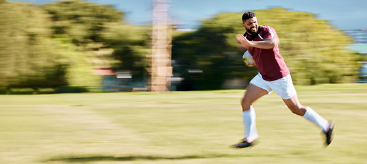 Image showing Rugby, running and speed of an athlete with energy and sports ball on a grass field. Workout, game exercise and fast runner moving with action and intense cardio for sport and match training outdoor