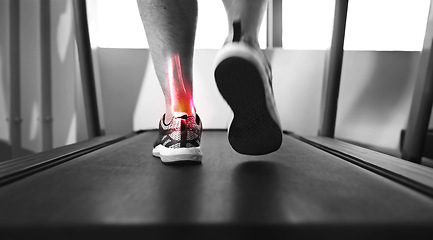 Image showing Closeup, treadmill and ankle with pain, injury and muscle tension with person walking, exercise and training. Zoom, athlete or foot with red highlight, gym equipment or strain after practice and ache