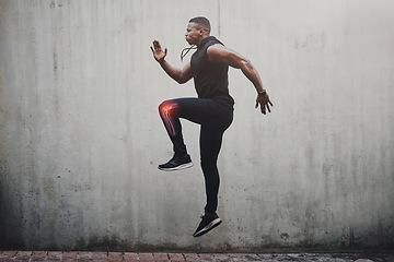 Image showing Mockup, black man and fitness with knee pain, injury and sport accident with training. African American male, athlete and bodybuilder with muscle tension, emergency and workout with health problem