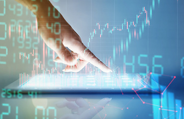 Image showing Finance, hand with tablet for digital hologram and network connection for accounting software. Overlay or economy, stock market or connectivity and hands of a person for programming app