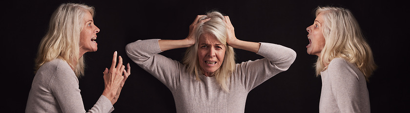 Image showing Bipolar, mental health and woman scream on composite black background for schizophrenia, crazy face and identity crisis. Depression, psychology and lady hearing voice in her mind from trauma anxiety