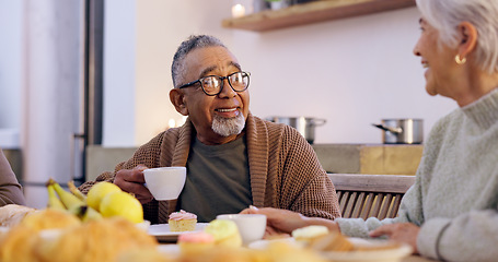 Image showing Love, retirement and a senior couple drinking tea in the dining room of their home together in the morning. Smile, relax or conversation with an elderly man and woman in their apartment for romance