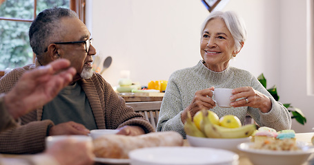 Image showing Friends, tea party and a group of senior people in the living room of a community home for a social. Retirement, smile or conversation with elderly men and women together in an apartment for a visit