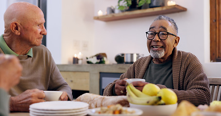 Image showing Smile, tea party and a group of senior people in the living room of a community home for a social. Friends, retirement or conversation with elderly men and women together in an apartment for a visit