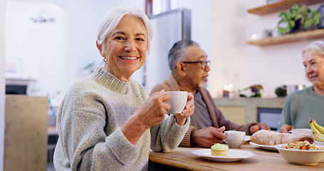 Image showing Portrait, tea party and a group of senior people in the living room of a community home for a social. Friends, smile or retirement with elderly men and women together in an apartment for a visit