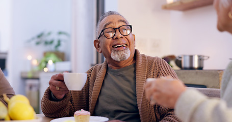 Image showing Senior couple, drinking coffee and communication at home, discussion and talking in kitchen. Happy elderly people, conversation and speaking at night, laugh and funny joke together, talk and bonding